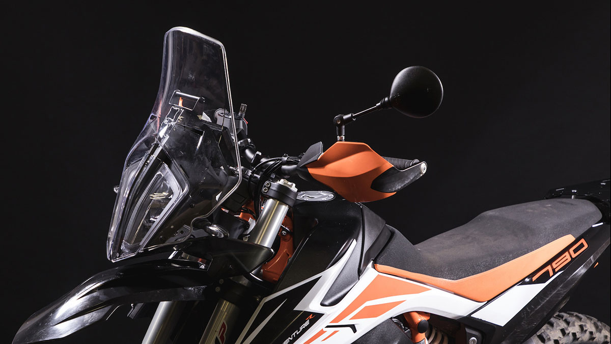 A view of the RADE/GARAGE adventure rally windscreen fitted to a KTM 790 Adventure R motorcycle.