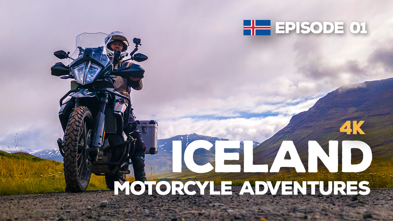 Low angle photo of a man on a KTM 890 Adventure motorcycle in Iceland