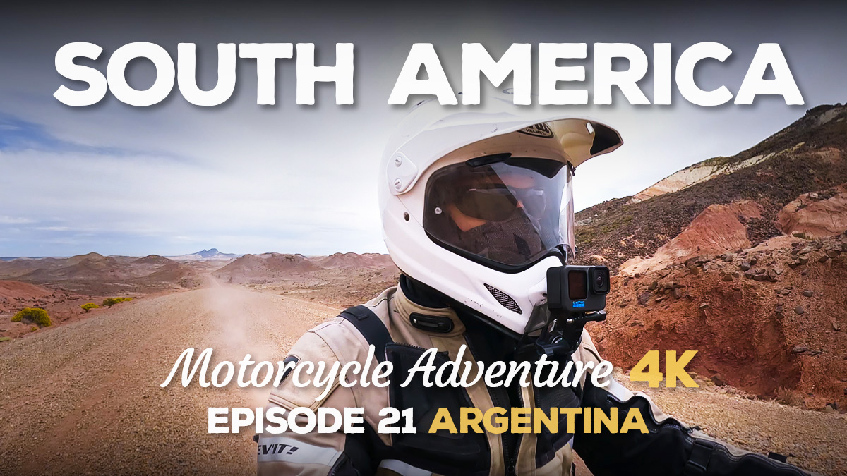 A picture of a motorcyclist riding through the Jaramillo Petrified Forest National Park in Argentina.