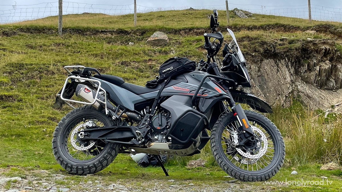 Side view of grey 2021 KTM 890 Adventure motorcycle.