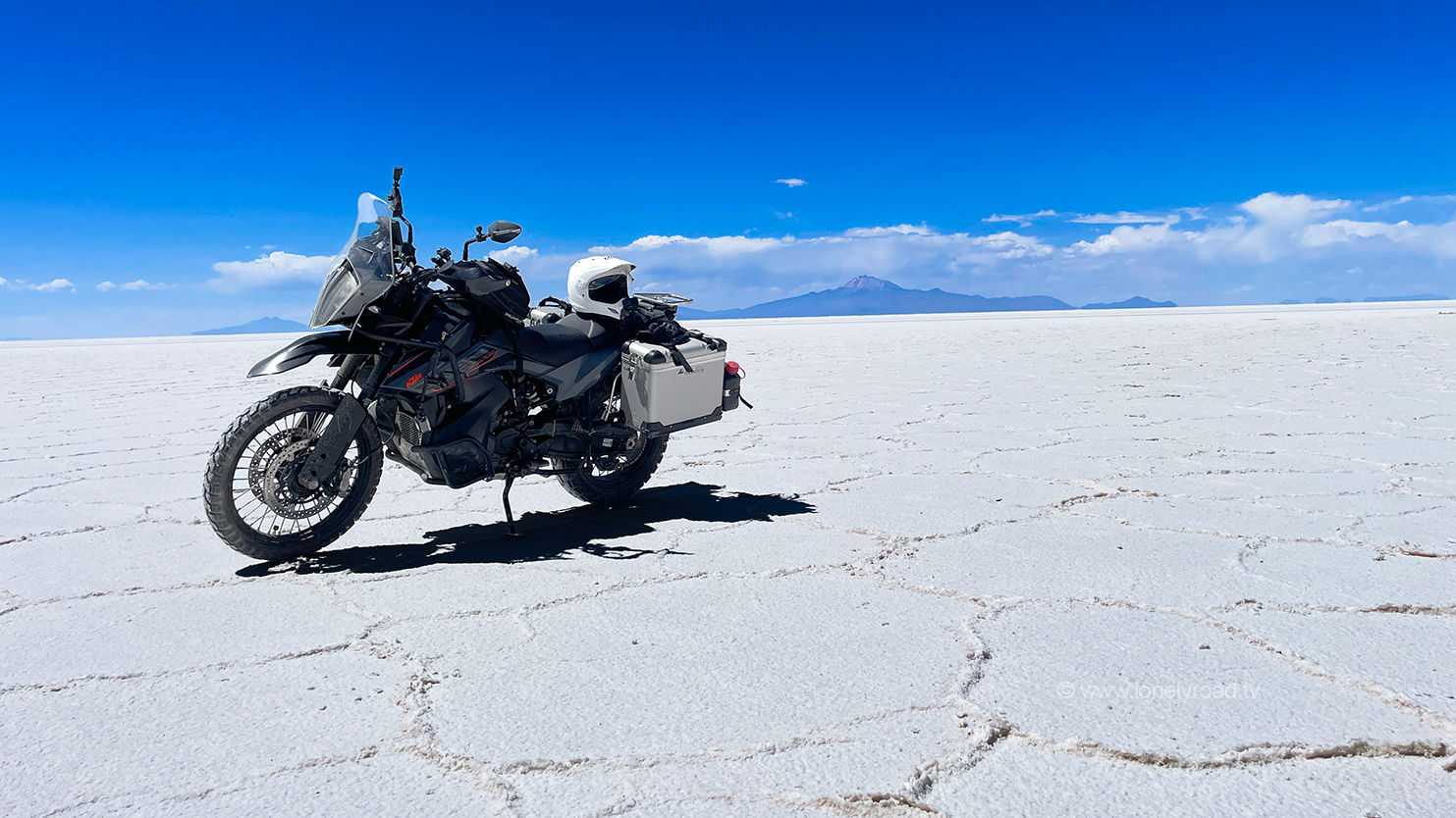 Photo of a KTM 890 Adventure motorcycle on the Salar de Uyuni, Bolivia