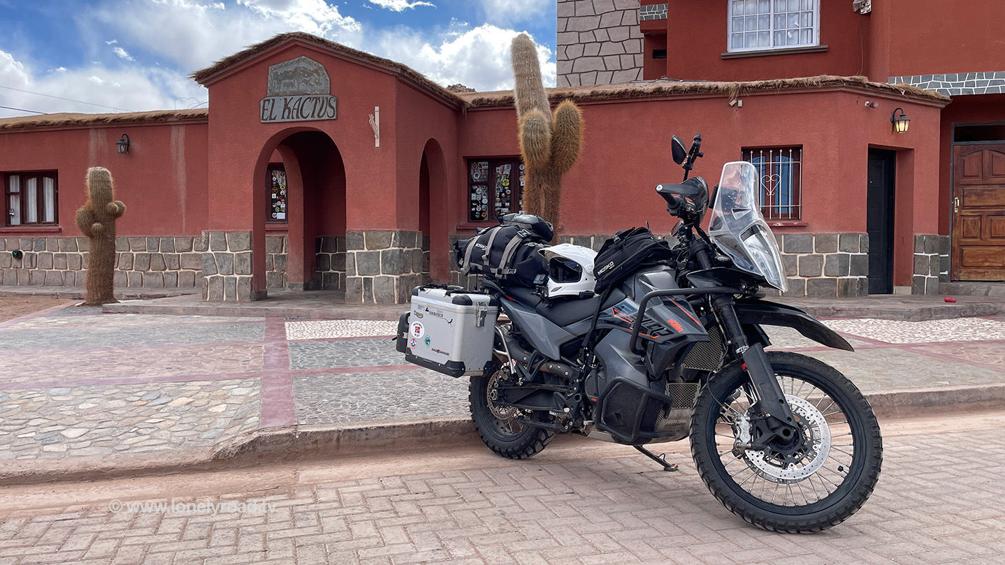 Motorcycle parked outside the El Kactus Hotel, Argentina